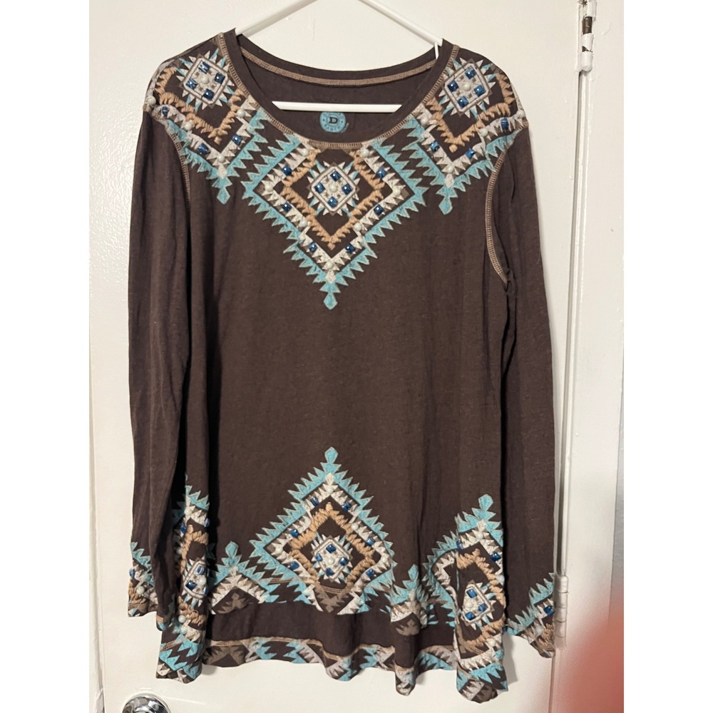 Double D Ranch Womens Brown Southwestern Embroidered Beaded Long Sleeve Top L
